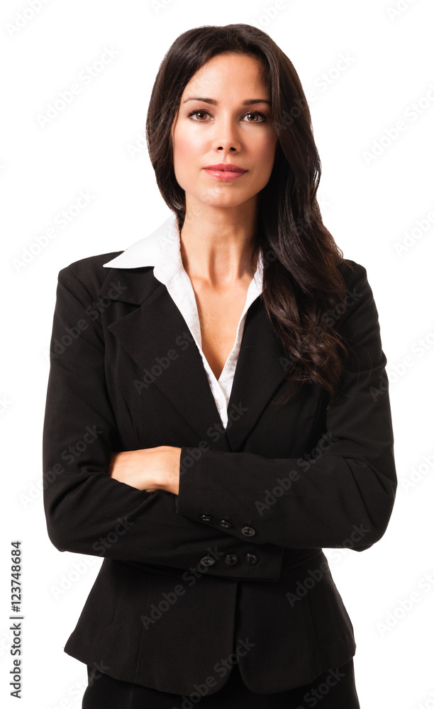 Attractive confident businesswoman real estate agent broker executive isolated on white background