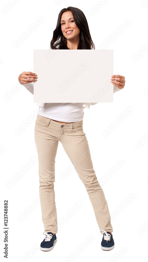Full-length Casual Young Woman with Blank Sign isolated on White background Full-length Casual Young Woman with Blank Sign isolated on White background