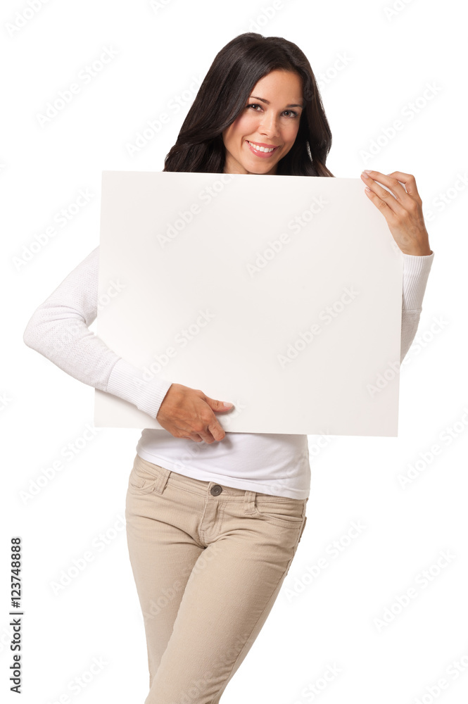 Casual Young Woman with Blank Sign isolated on White background Casual Young Woman with Blank Sign isolated on White background