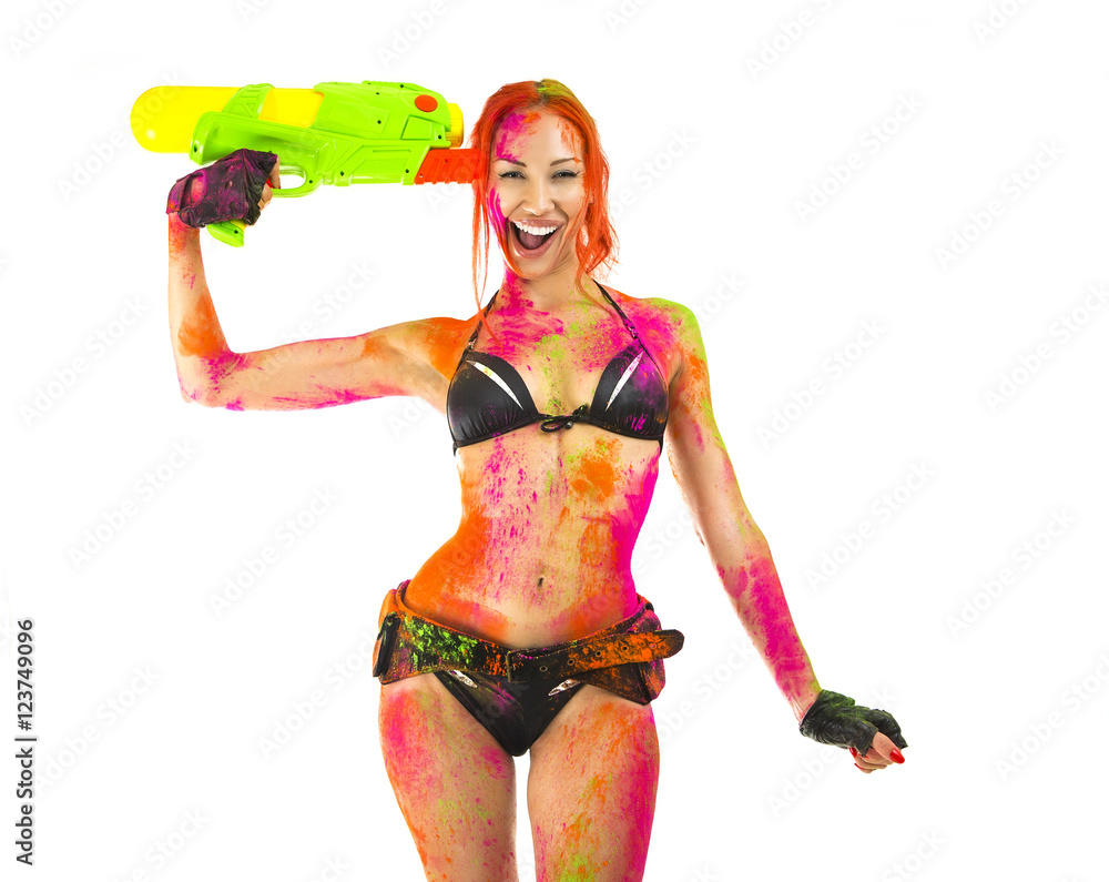 Happy Holi Festival! Crazy Party - Beautiful Sexy Girl in bikini Stock  Photo | Adobe Stock