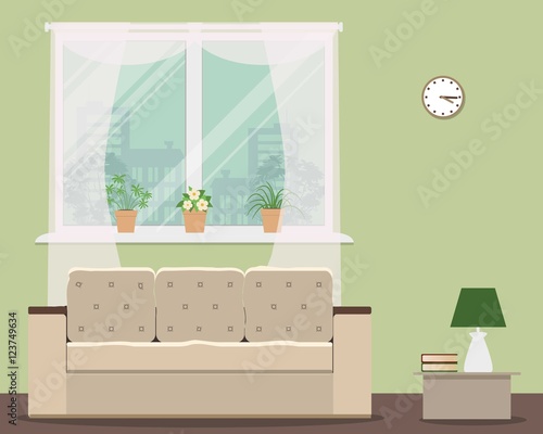 Living room in green color. Vector flat illustration. There is a sofa, a window, a lamp and other objects in the picture. There are pots with flowers on a windowsill