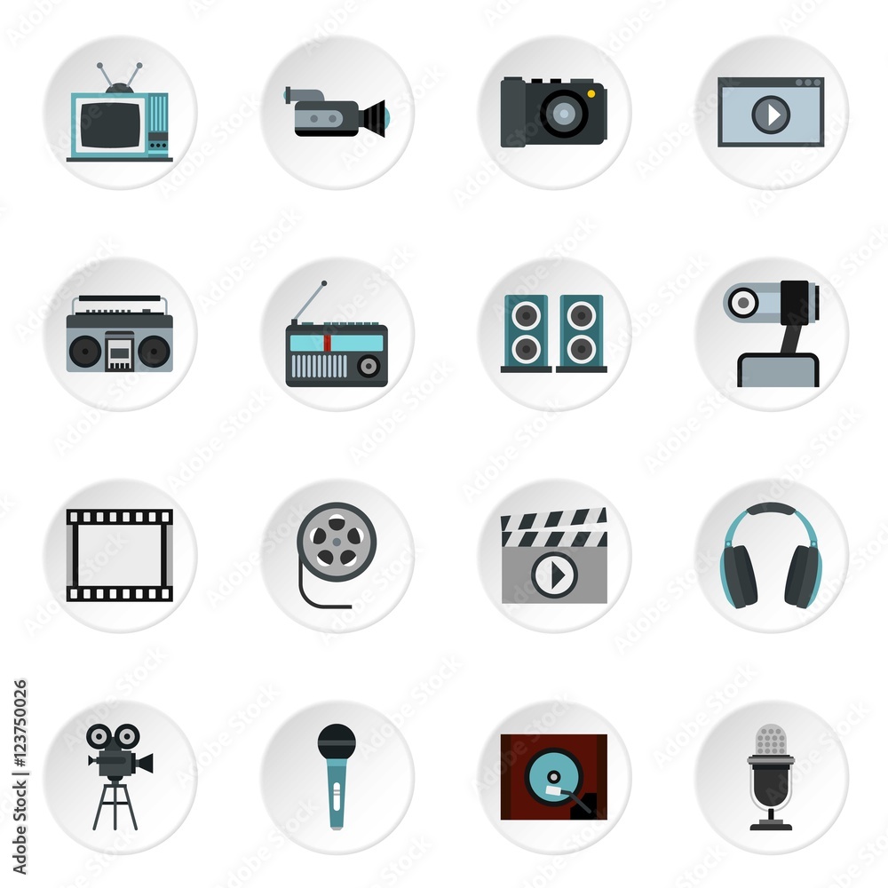 Audio and video icons set. Flat illustration of 16 audio and video vector icons for web Audio and video icons set. Flat illustration of 16 audio and video vector icons for web