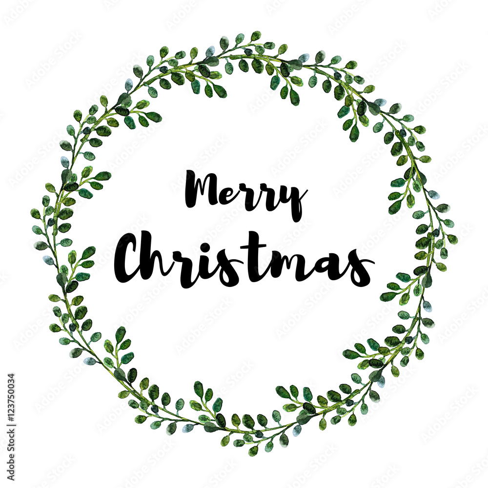 Watercolor frame with leaves merry christmas greeting card on white background Watercolor frame with leaves merry christmas greeting card on white background