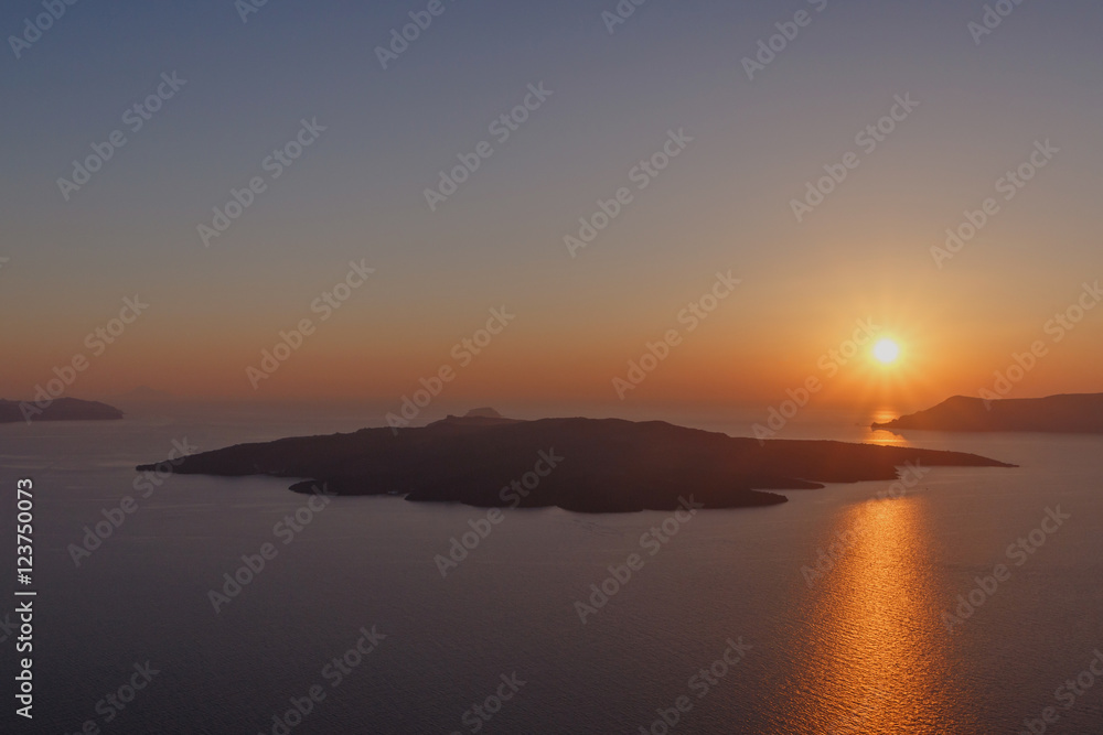 view on sunset behind caldera of Santorini view on sunset behind caldera of Santorini