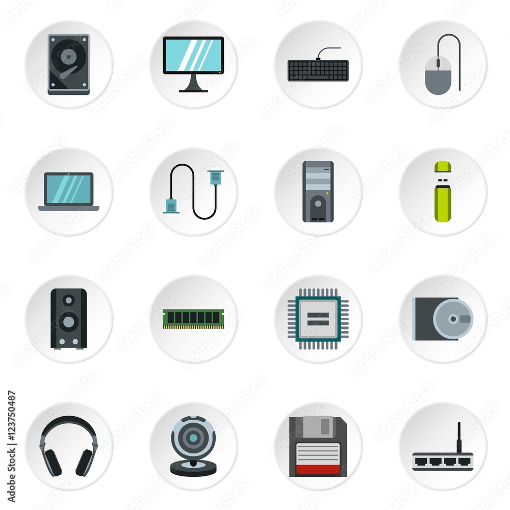 Computer equipment icons set. Flat illustration of 16 computer equipment vector icons for web Computer equipment icons set. Flat illustration of 16 computer equipment vector icons for web