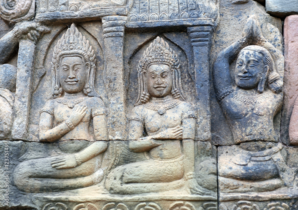 Ancient bas-relief at the Terrace of the Elephants in Angkor, Cambodia