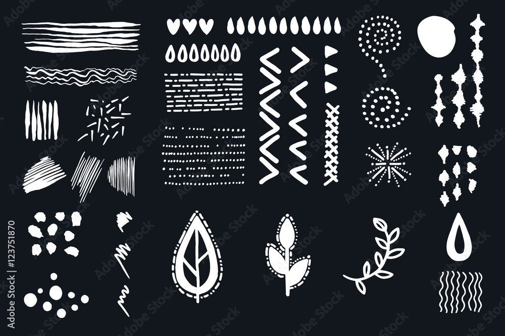 A set of elements and textures made with ink. Circles, stripes, triangle, heart, wave, drop, leaf, spiral, ornament. Hand drawn. Collection for your design.