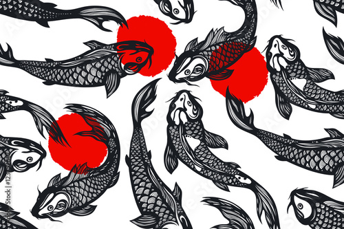 Seamless pattern with koi carp fish, spots. Pond. Background in the Chinese style. Hand drawn. 