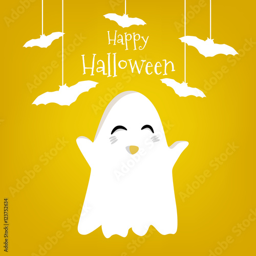 Happy Halloween card with cute ghost and bats. Vector illustration.