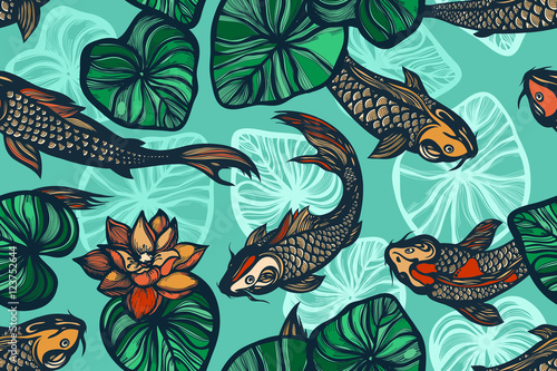 Seamless pattern with koi carp fish, flowers and leaves of the lotus. Pond. Background in the Chinese style. Hand drawn.