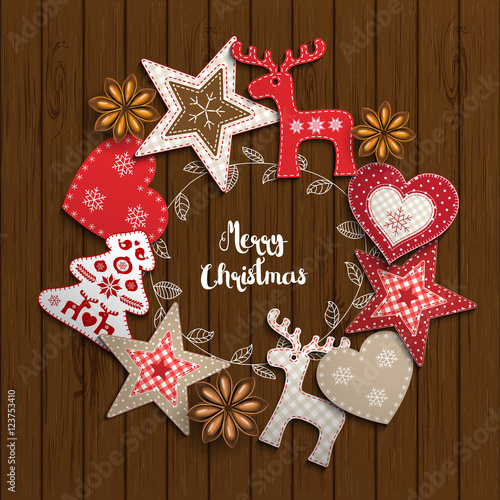 Christmas motive, small scandinavian styled decorations lying on wooden desk, illustration