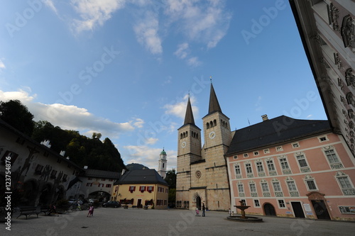 Central square in Berchtesgaden with cathedral, Bavaria, Germany