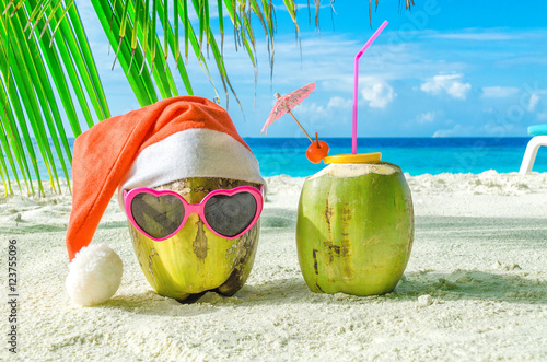 Two coconut on the sand in the winter vacation in the Maldives.