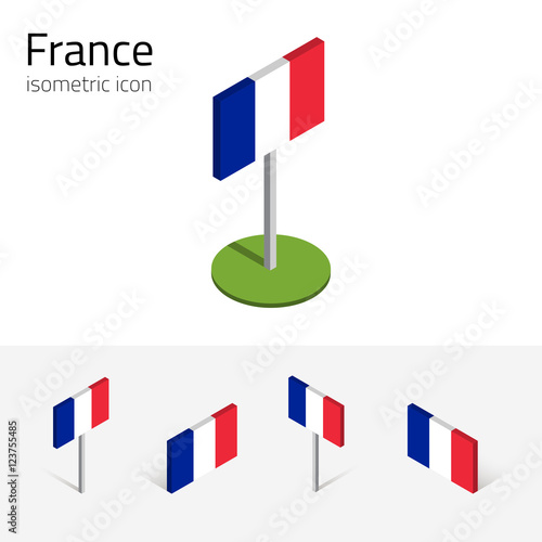 France flag, vector set of isometric flat icons, 3D style, different views. 100% editable design elements for banner, website, presentation, infographic, poster, card, collage.  Eps 10