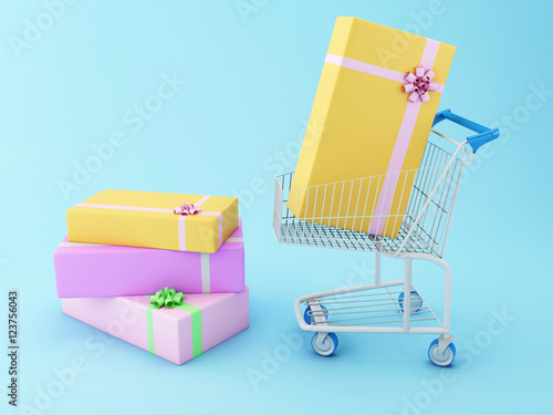 3d Shopping cart with gift boxes.