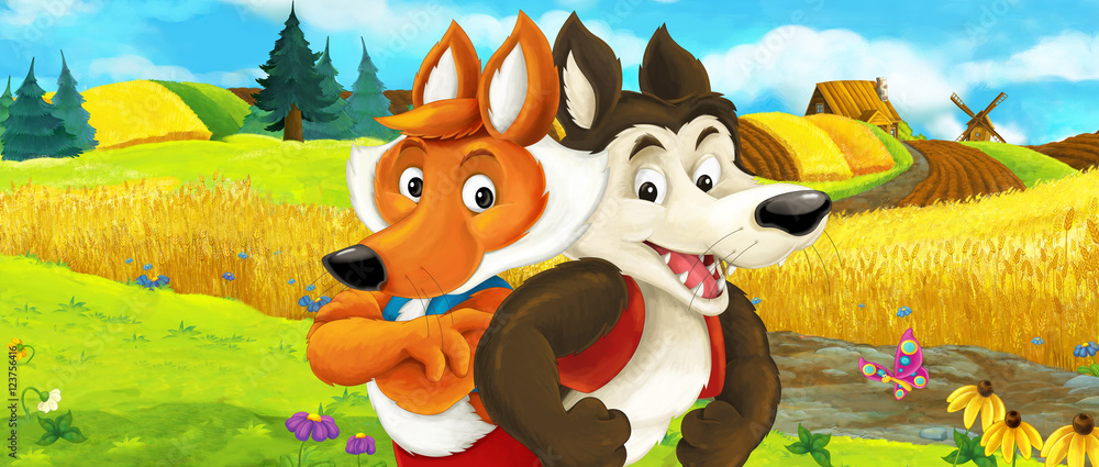 Cartoon farm scene - summer scene - with wolf and fox on the farm fields - illustration for children