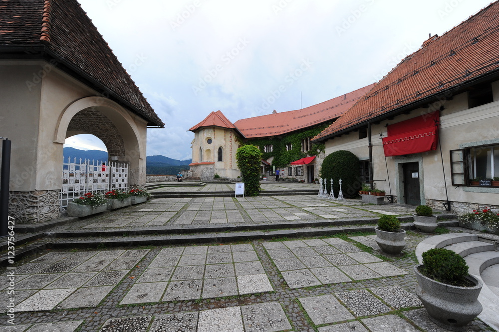 In the courtyard of  Bled Castle (Blejski Grad), wall and tower, Slovenia