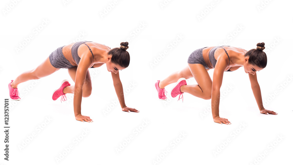 young woman doing exercise Knee to Chest Pushup young woman doing exercise Knee to Chest Pushup
