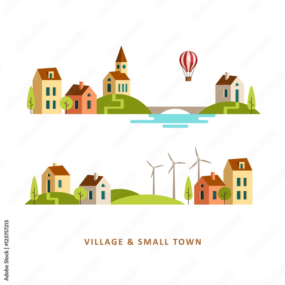 Village. Small town. Rural and urban summer landscape. Vector flat illustration.