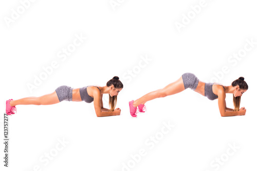 Inchworm Elbow Plank. Young woman doing sport exercise.