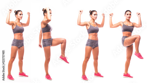 young woman doing exercise Elbow-to-Knee Oblique Twists