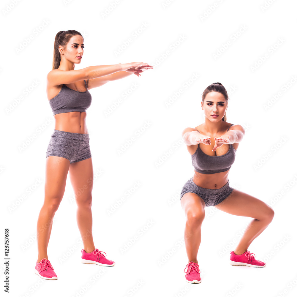 Squat Thrust with Twist exercise. Young woman doing sport exercise. Squat Thrust with Twist exercise. Young woman doing sport exercise.
