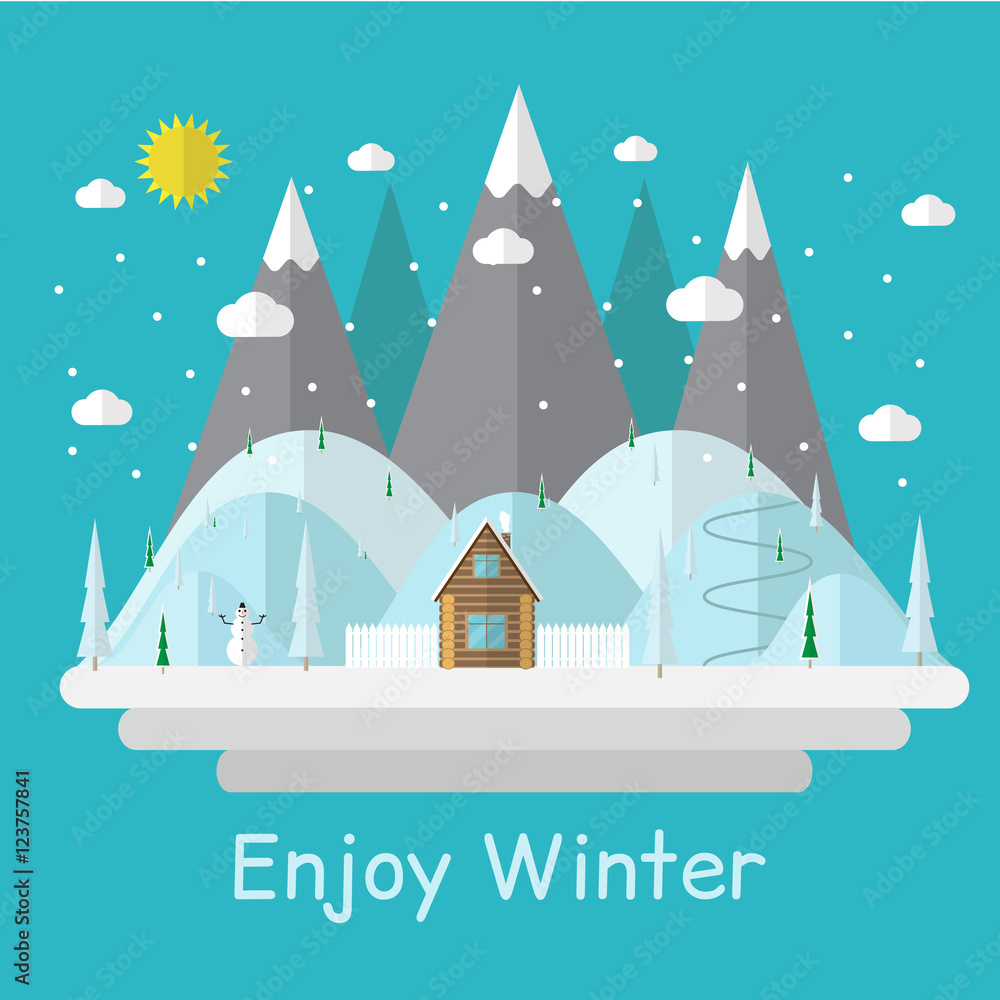 Winter sunny day landscape with mountains, hills and small log house among it, flat style design.