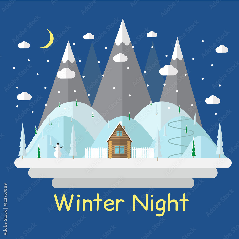 Winter night landscape with mountains, clouds, snow-covered hills and small house among it, flat style image.