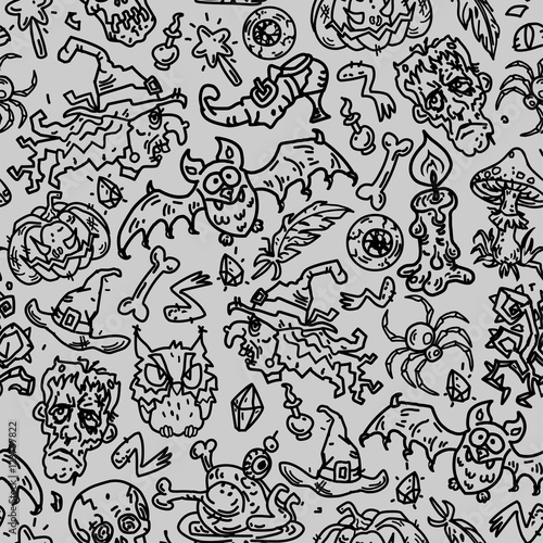 Seamless Halloween pattern with hand drawn doodle elements. Vector background