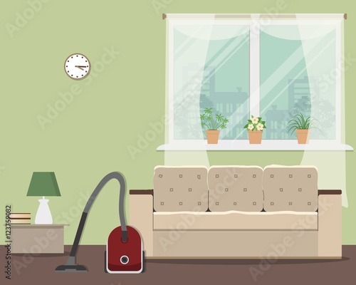 Cleaning in a living room. Vector flat illustration. There is a vacuum cleaner and sofa on a window background in a green room