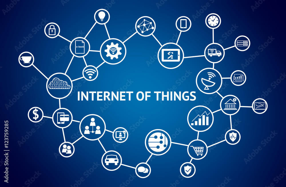 Internet of things (IOT) concept . text and icons on blue background ...