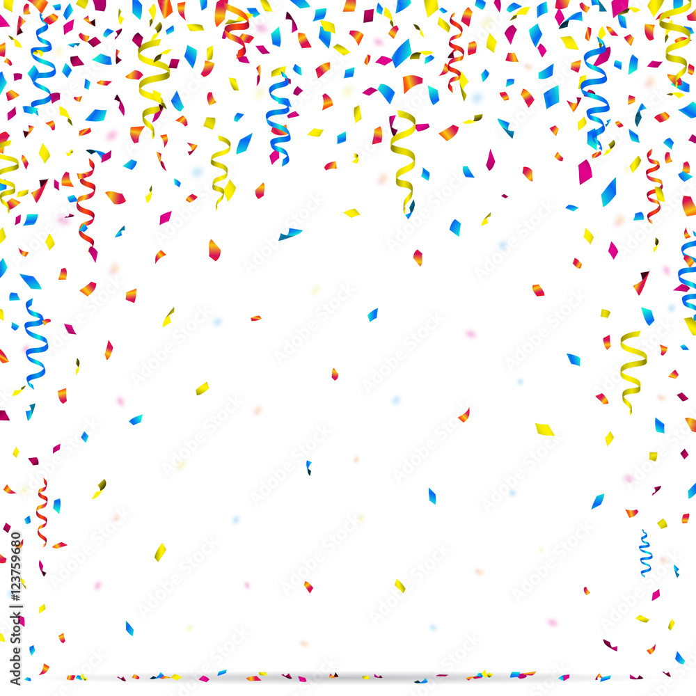 Bright celebration background with colorful falling confetti and party ribbons. Vector illustration.