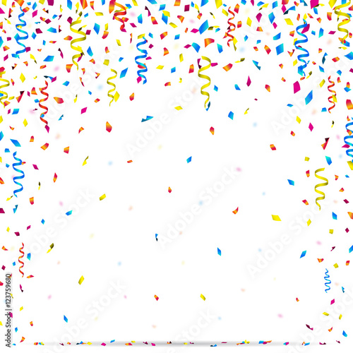Bright celebration background with colorful falling confetti and party ribbons. Vector illustration.
