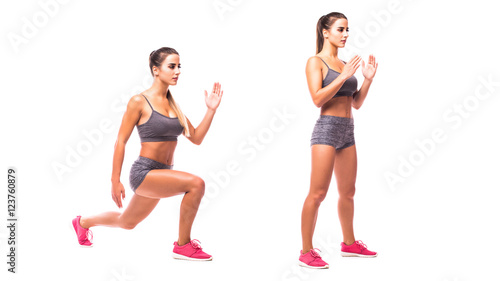 Jump Lunge To Feet Jack. Young woman doing sport exercise.