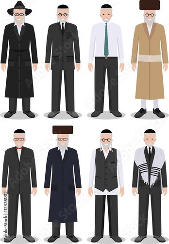 Set of different standing jewish old men in the traditional clothing isolated on white background in flat style. Differences Israelis in the national dress. Vector illustration.