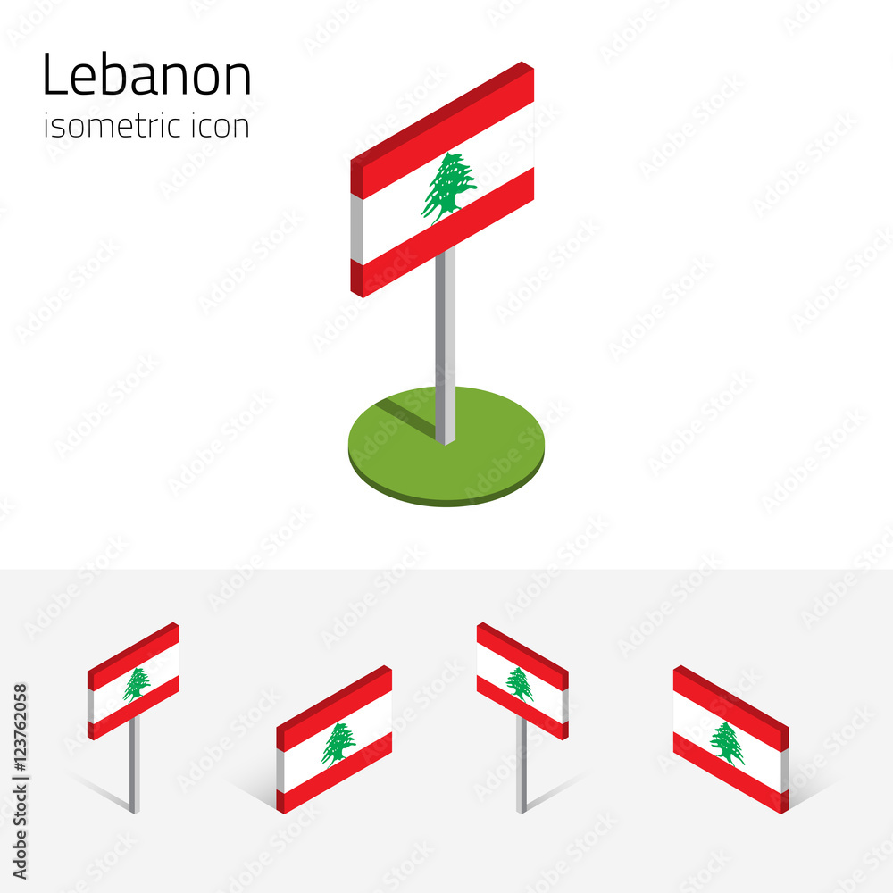 Lebanon flag (Lebanese Republic), vector set of isometric flat icons, 3D style, different views. 100% editable design elements for banner, website, presentation, infographic, poster, map. Eps 10 Lebanon flag (Lebanese Republic), vector set of isometric flat icons, 3D style, different views. 100% editable design elements for banner, website, presentation, infographic, poster, map. Eps 10