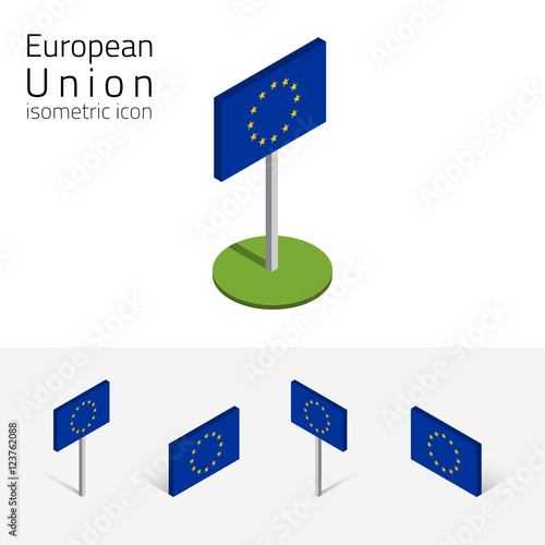 European Union flag (EU), vector set of isometric flat icons, 3D style, different views. 100% editable design elements for banner, website, presentation, infographic, poster, map, collage. Eps 10