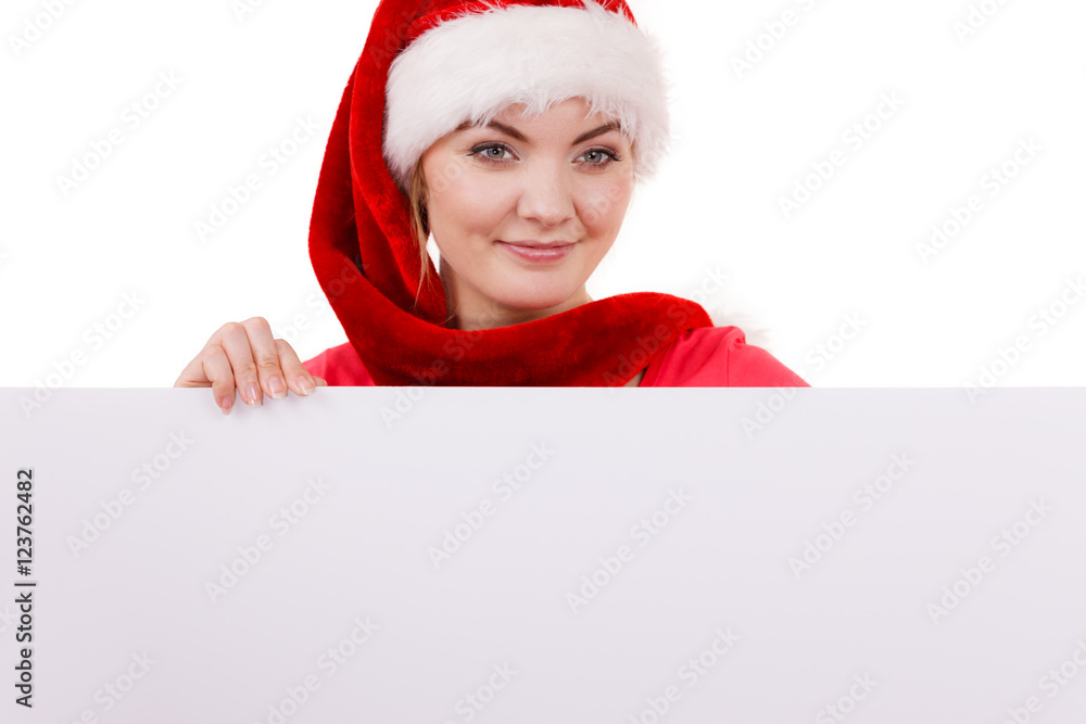 Woman with blank empty banner board. Christmas Woman with blank empty banner board. Christmas