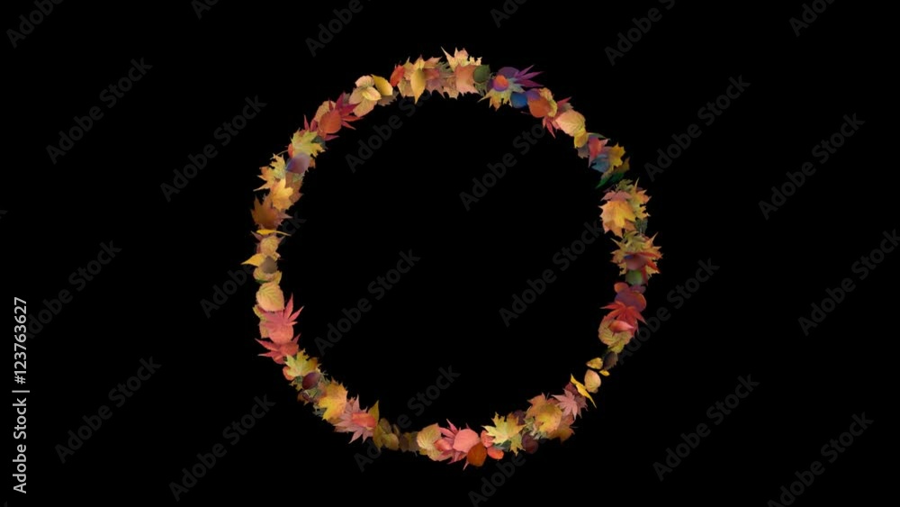 3d rendered animation of a circular frame made out of autumn leaves. In / idle / out 3d rendered animation of a circular frame made out of autumn leaves. In / idle / out