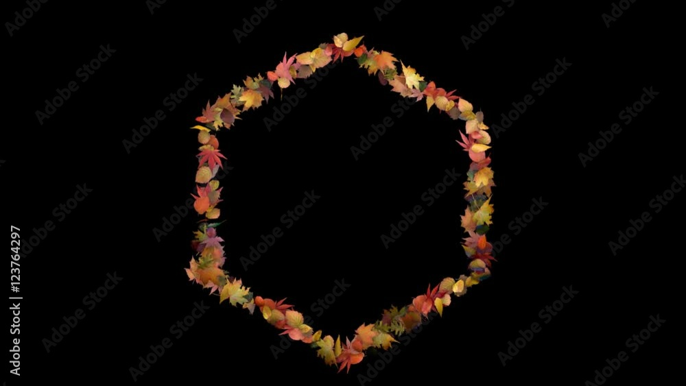 3d rendered animation of a hexagonal frame made out of autumn leaves. In / idle / out 3d rendered animation of a hexagonal frame made out of autumn leaves. In / idle / out