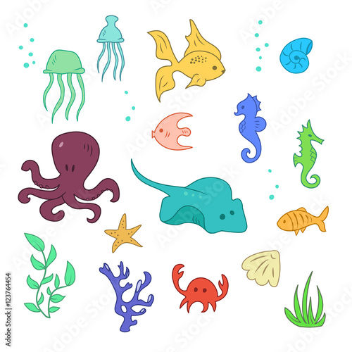 Cartoon set of sea and ocean animals  fishes and water plants  Octopus  stingray  seahorse  crab  starfish  jellyfish  several fishes  coral  water plants  shell  nautilus.