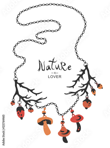 Boho ethnic nature lover necklace with mushrooms, berries, beads and branches.