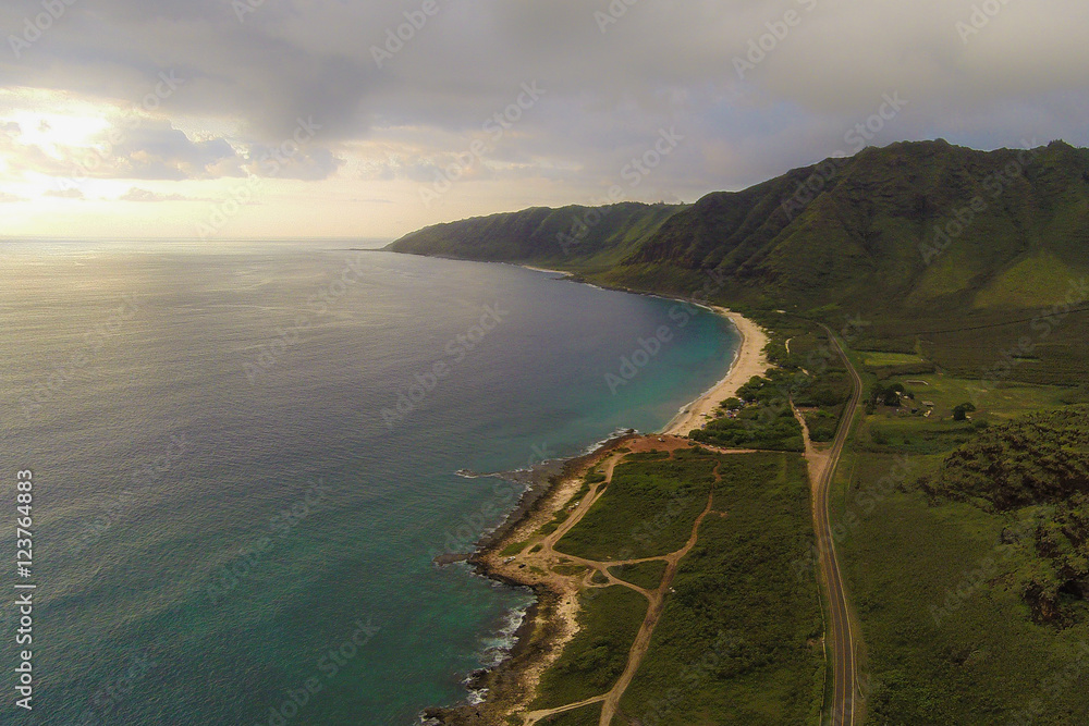 Aerial view of northwest coast of Oahu, Hawaii, including Makua