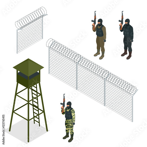 Isometric Security with a barbed wire fence. Soldier, officer.