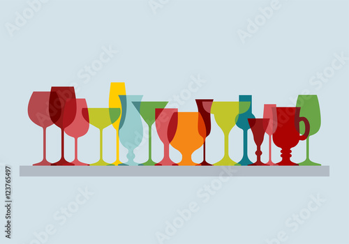 Set of multicolored glasses. Wine glass, cognac glass, glass of champagne, cocktail glass, liqueur glass. Glass icon, glass sign, glass symbol.  Silhouettes. Vector illustration
