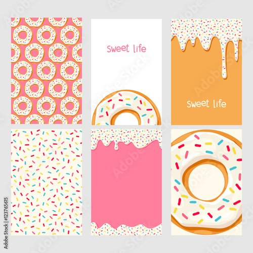 Set of bright food cards. Set of donuts with white glaze. Donut seamless pattern.
