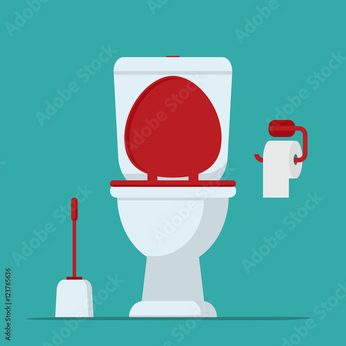 Toilet. Toilet bowl, toilet paper and brush for toilet bowl. Vector illustration