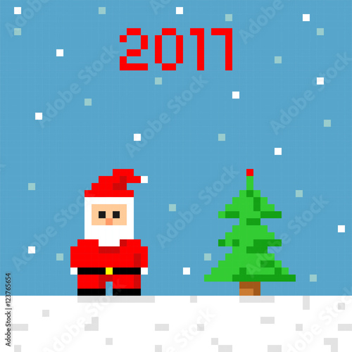Pixel art icon Santa. Festive greeting card. Christmas and new year 2017. Santa Claus and Christmas tree in style of eight-bit game. Vector illustration © svetlanasmirnova