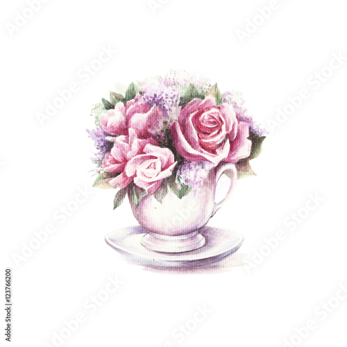 The cup with flowers. Hand draw watercolor illustration.