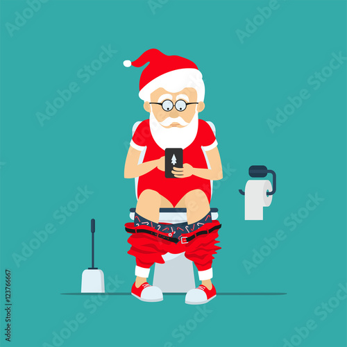 Santa Claus hipster sits on  toilet bowl with phone in hands. Toilet bowl, toilet paper and brush for toilet bowl. Santa Claus hipster in  toilet. Greeting Christmas card 2017